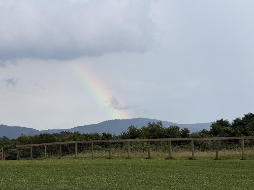 Rainbow over the pasture and mountains